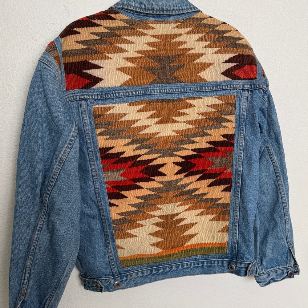 Vintage 90s Denim Jean Trucker Jacket with Western Aztec Tribal Design - Picture 4 of 12